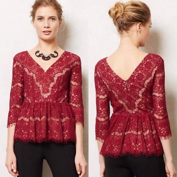Anthropologie Maeve Maroon Red Peplum Lace - Picture 2 of 8